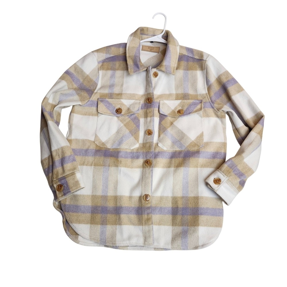 [BLANKNYC] Plaid‎ Trail Blazer Shacket Button Front Cream Beige Purple Medium - Picture 2 of 10